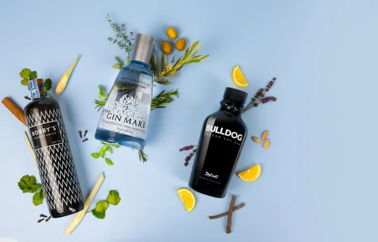 Bottles of gin with orange and herbs
