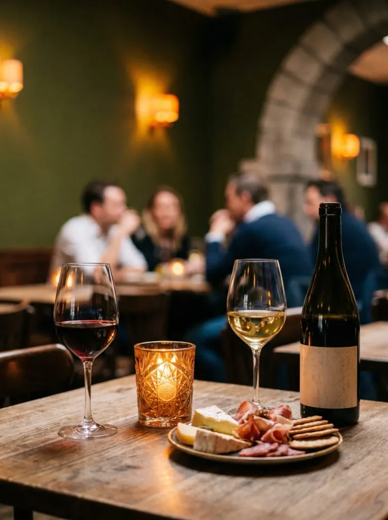 Ein Glas Rotwein und ein Glas Weißwein mit Käse und Aufschnitt bei Kerzenlicht
